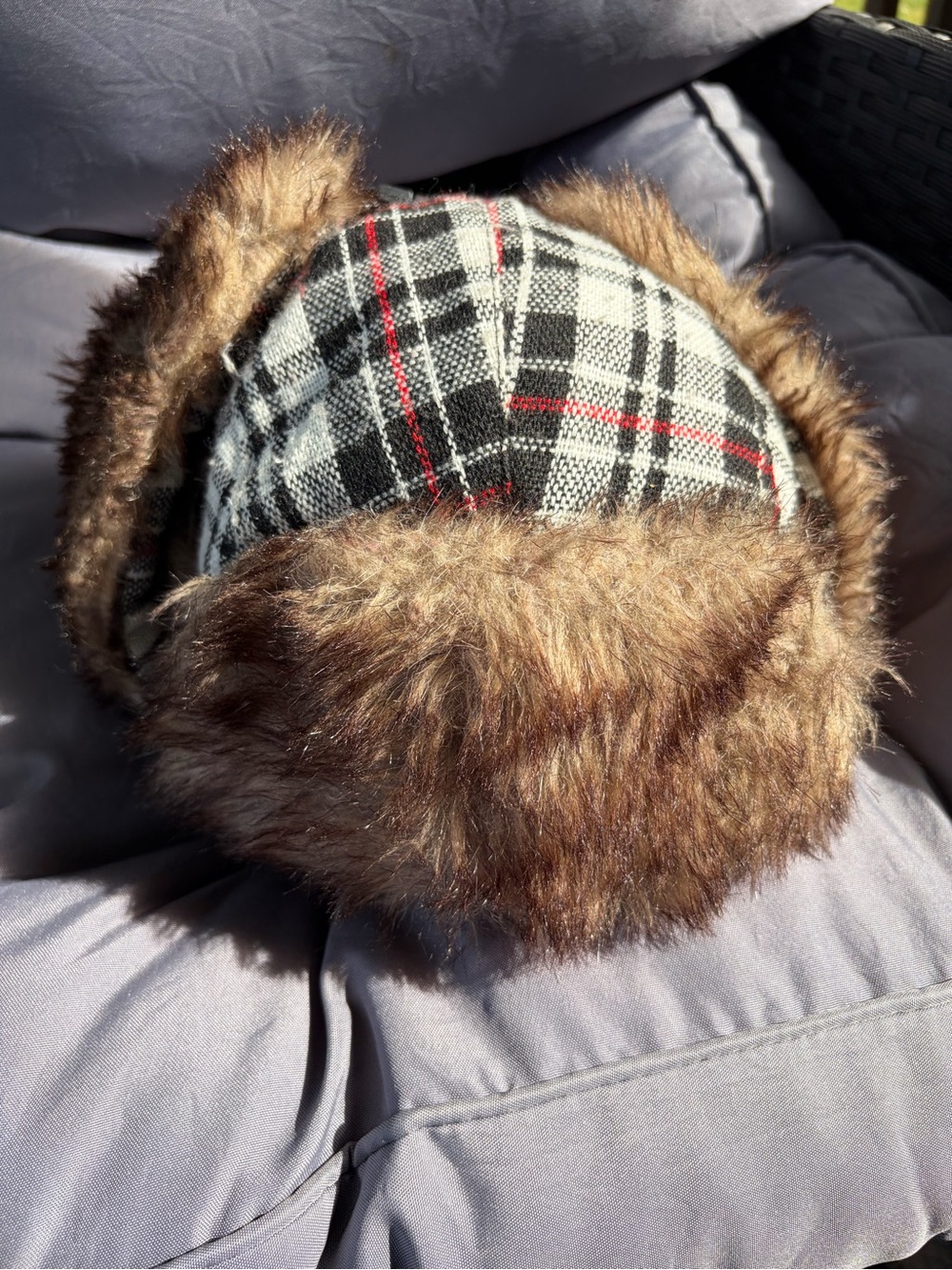 Plaid Faux Fur Trapper Hat in Black, Gray & Red